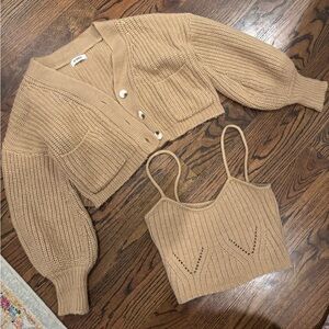 Cozy Tan Knit Cardigan and Tank Set